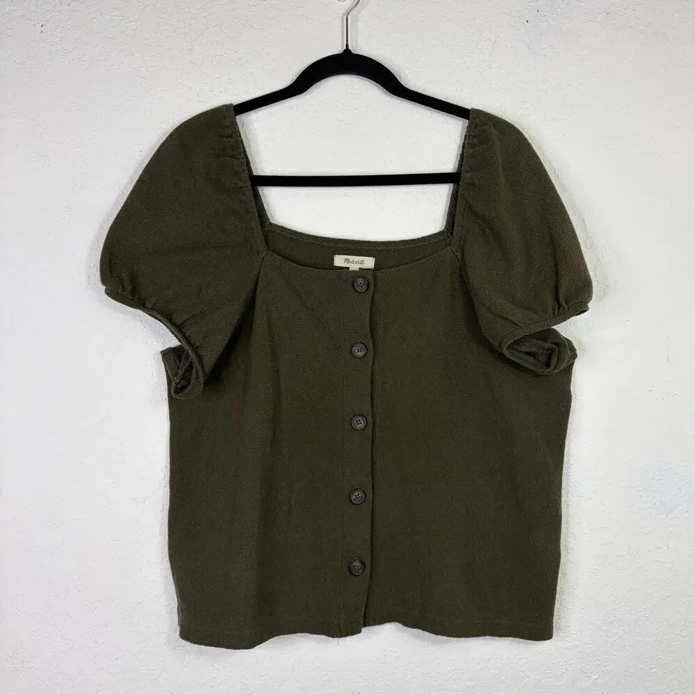 Madewell Jacquard square-neck puff sleeve top Green Size L, button front, casual